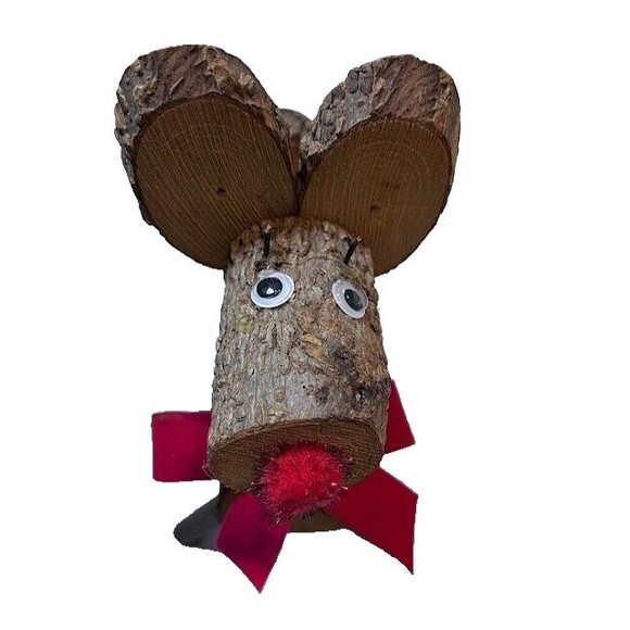 Rustic Wood Christmas Reindeer 12" Tabletop Decor Googly Eyes Red Nose Rudolph - Picture 6 of 6